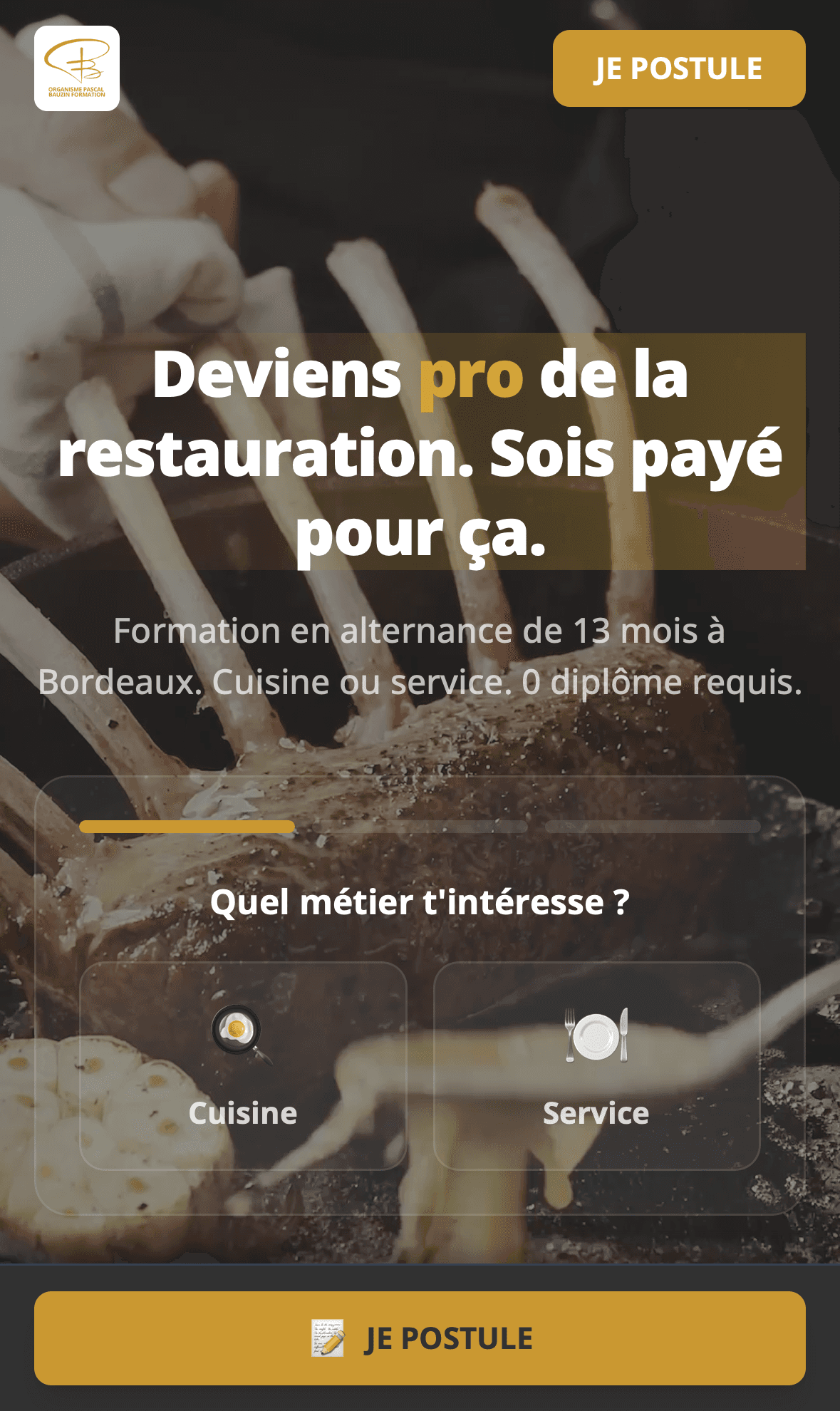 Site de candidature CFA Pascal Bauzin - Formation restauration Bordeaux, version mobile